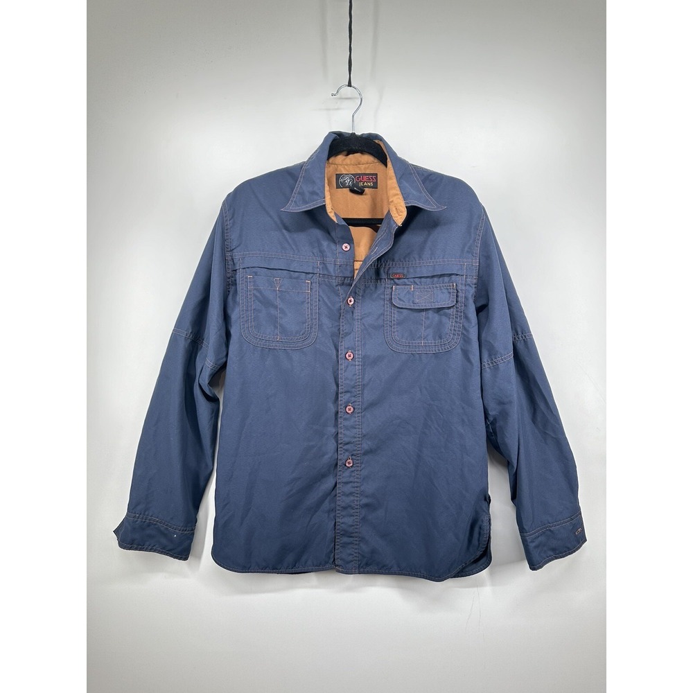 Guess Jeans men's button down Blue double pocket Stitched Long Sleeve shirt Sz S
